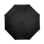 Black umbrella with gray T3 Protective Gear logo print. Top view.