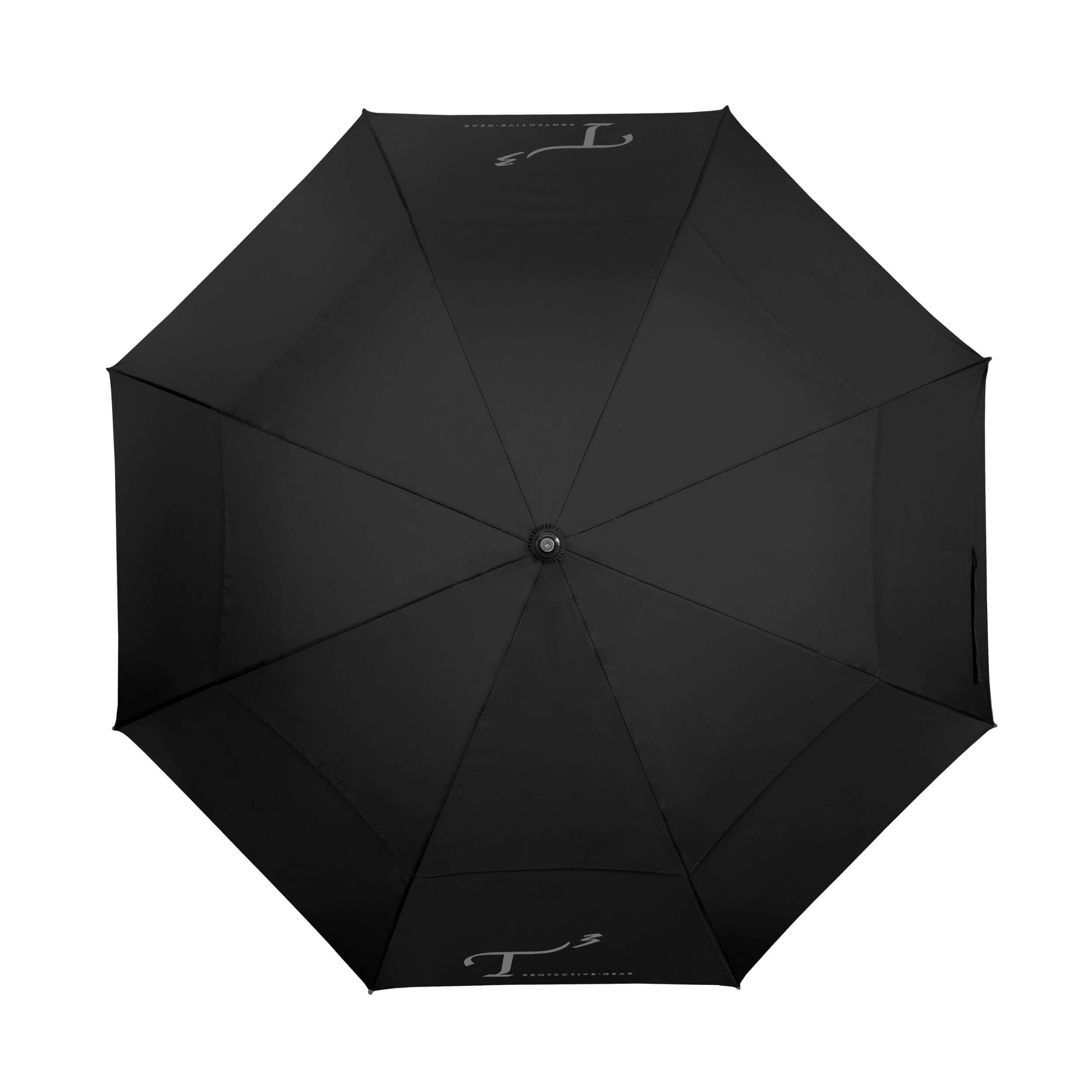 Black umbrella with gray T3 Protective Gear logo print. Top view.