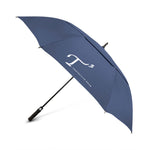 Navy umbrella with white T3 Protective Gear logo print. Side view.