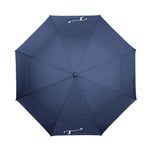 Navy umbrella with white T3 Protective Gear logo print. Top view.