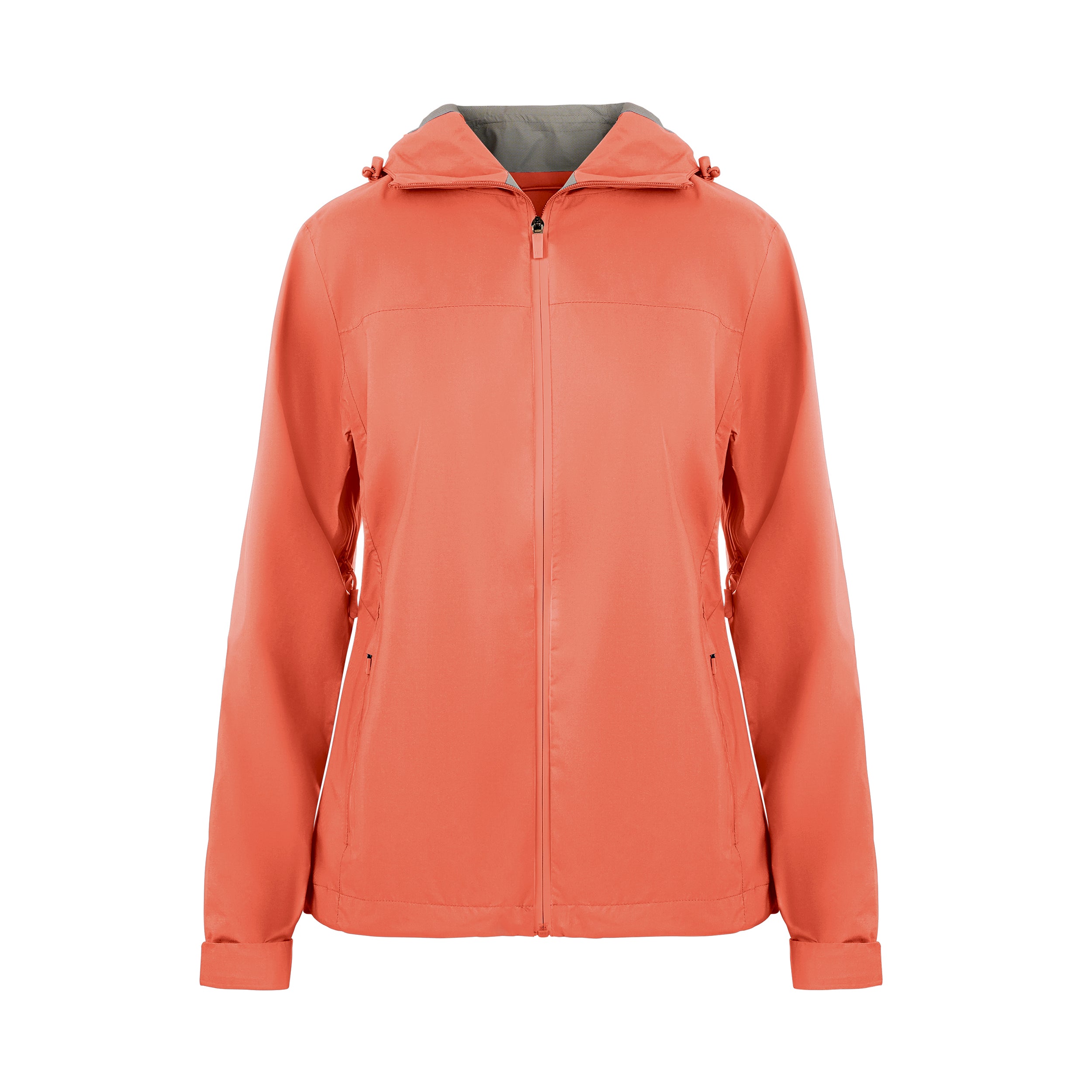 Women's Sport, Lightweight Rain Jacket with Hood, Coral. Front view.