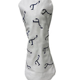 White Leather Hybrid Head Cover with Navy Embroidered T3 Logo in a Randomized Pattern.