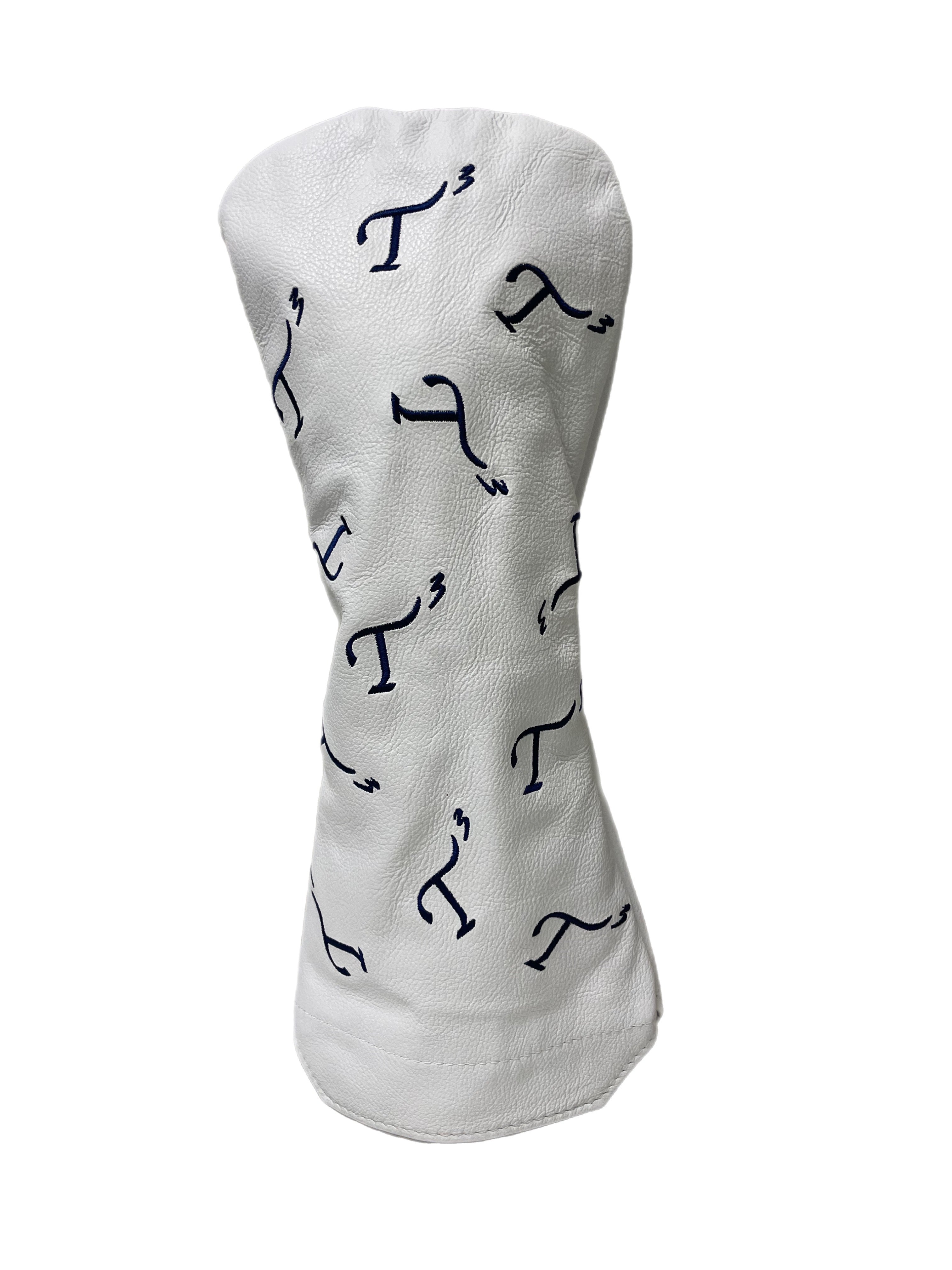White Leather Hybrid Head Cover with Navy Embroidered T3 Logo in a Randomized Pattern.