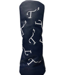 Navy Leather Hybrid Head Cover with White Embroidered T3 Logo in a Randomized Pattern.