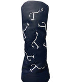 Navy Leather Hybrid Head Cover with White Embroidered T3 Logo in a Randomized Pattern.
