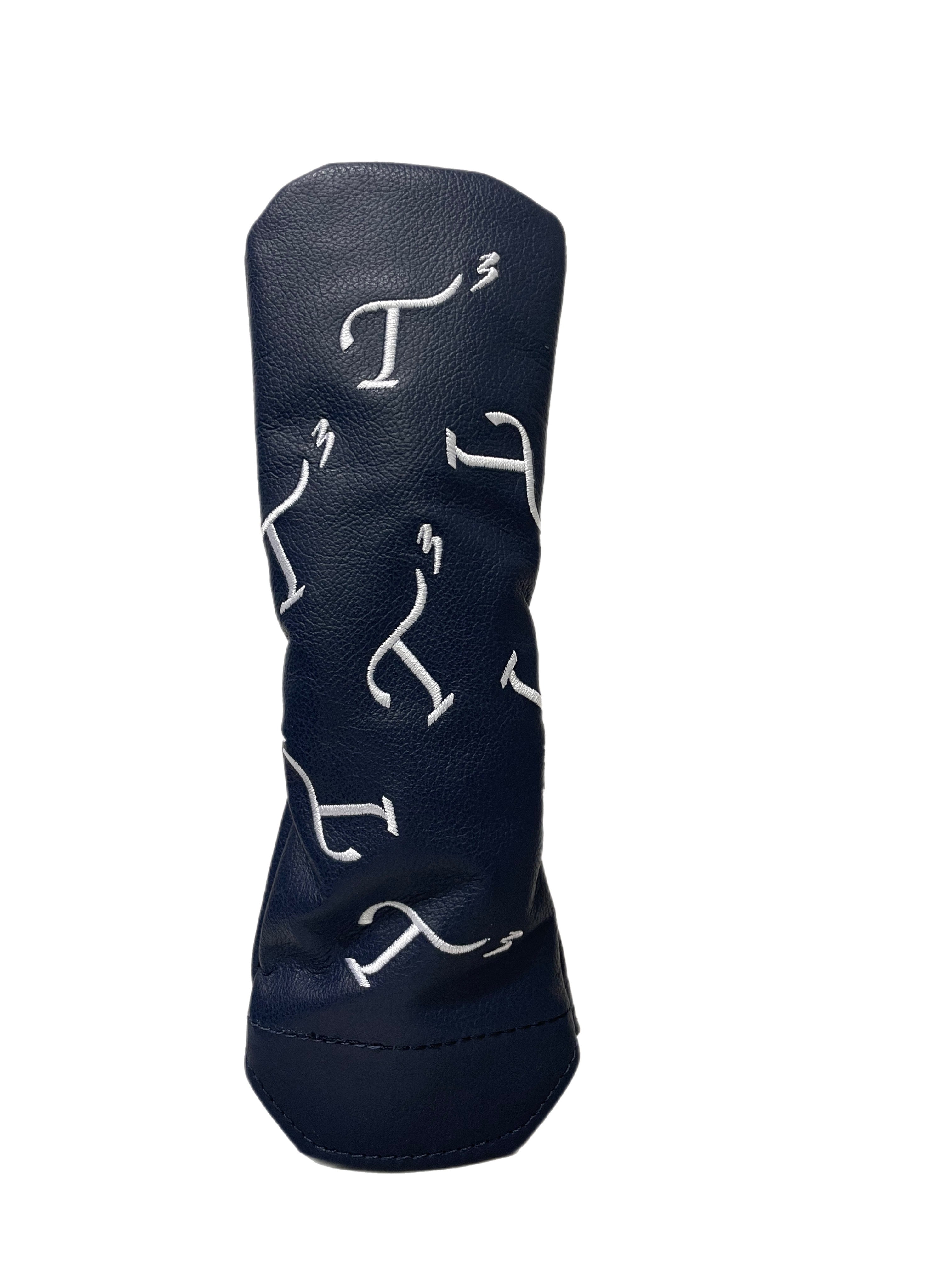 Navy Leather Hybrid Head Cover with White Embroidered T3 Logo in a Randomized Pattern.