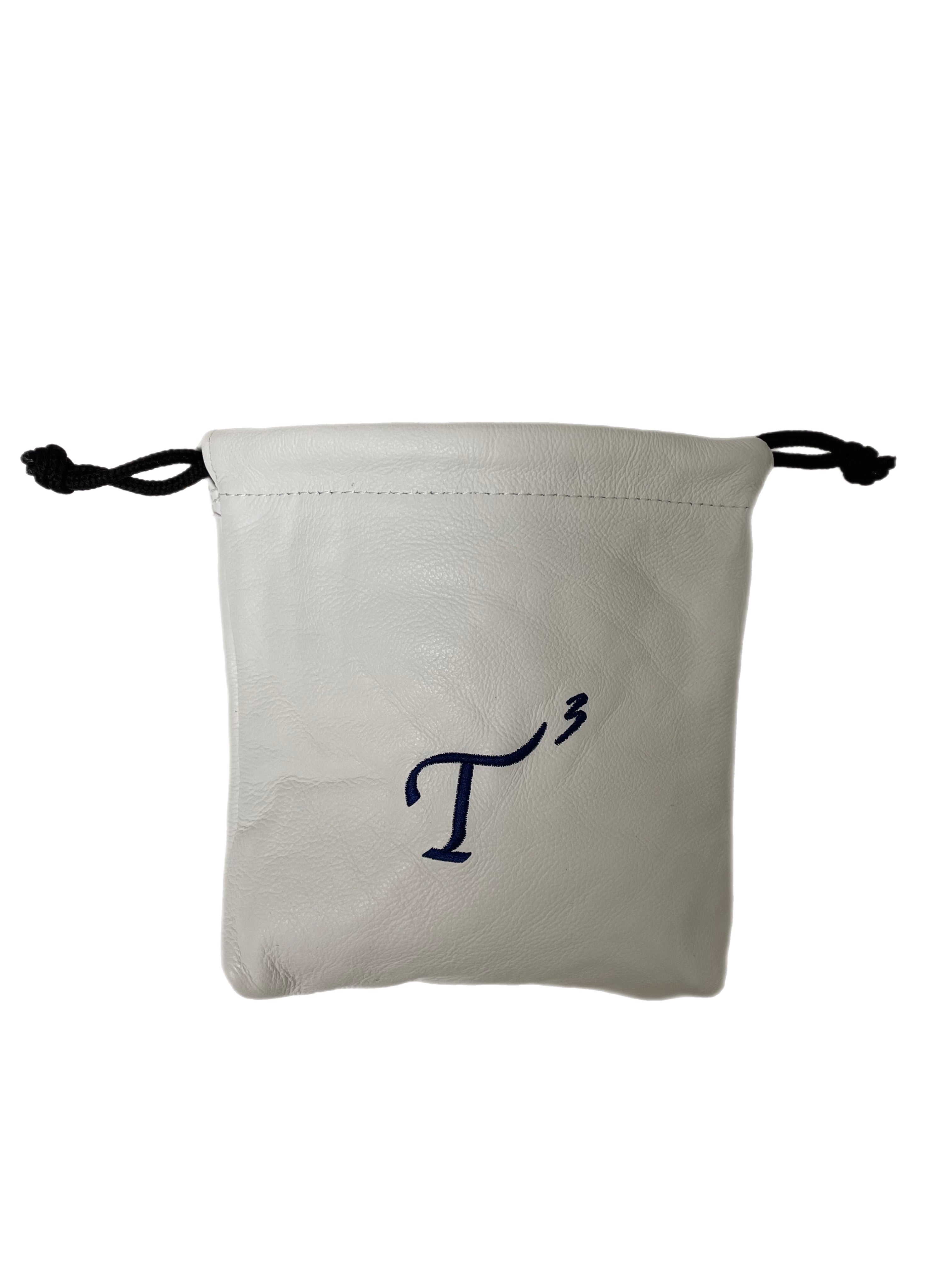 White Leather Bag with Drawstring and Navy Embroidered T3 Logo