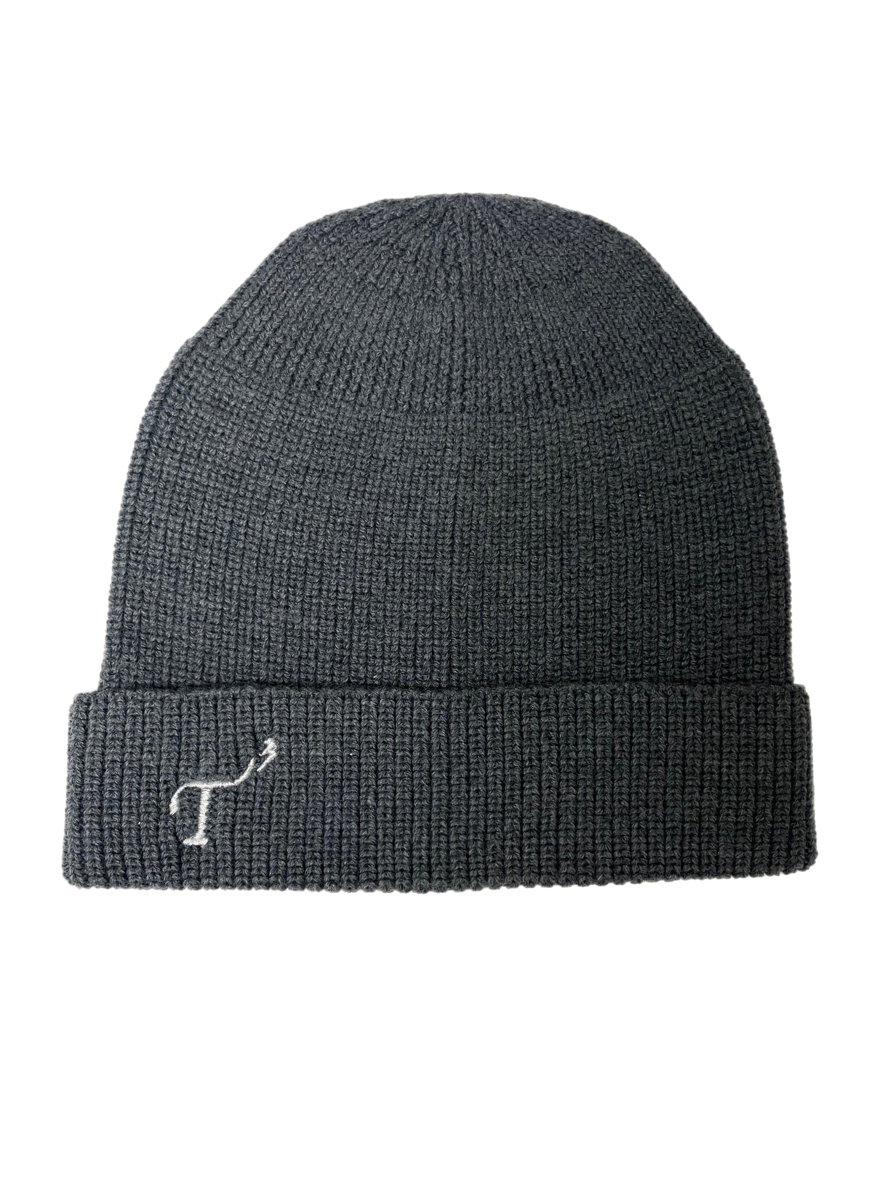 Men's Charcoal Merino Wool Knit Hat with White Embroidered T3 Logo