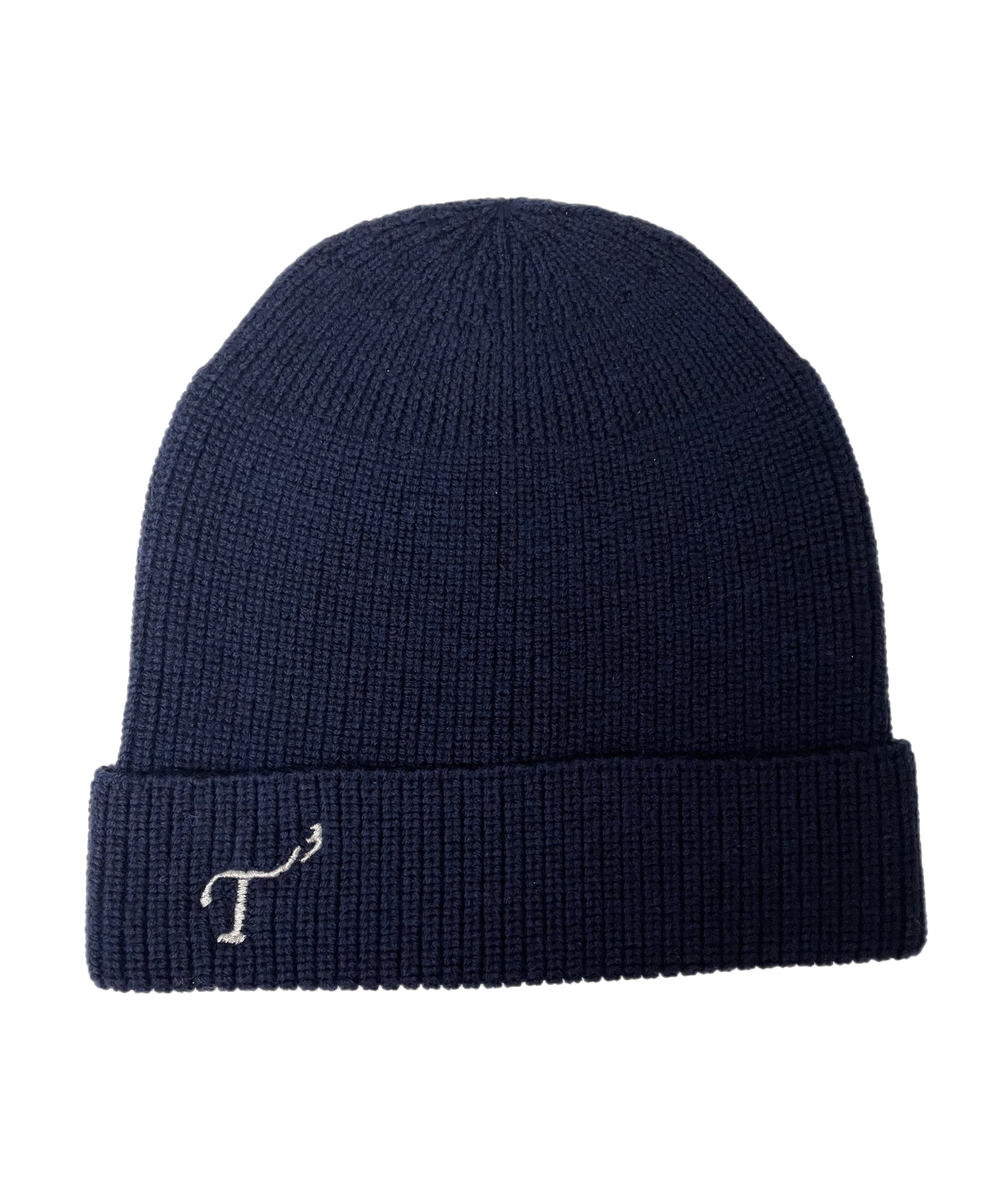Men's Navy Merino Wool Knit Hat with White Embroidered T3 Logo