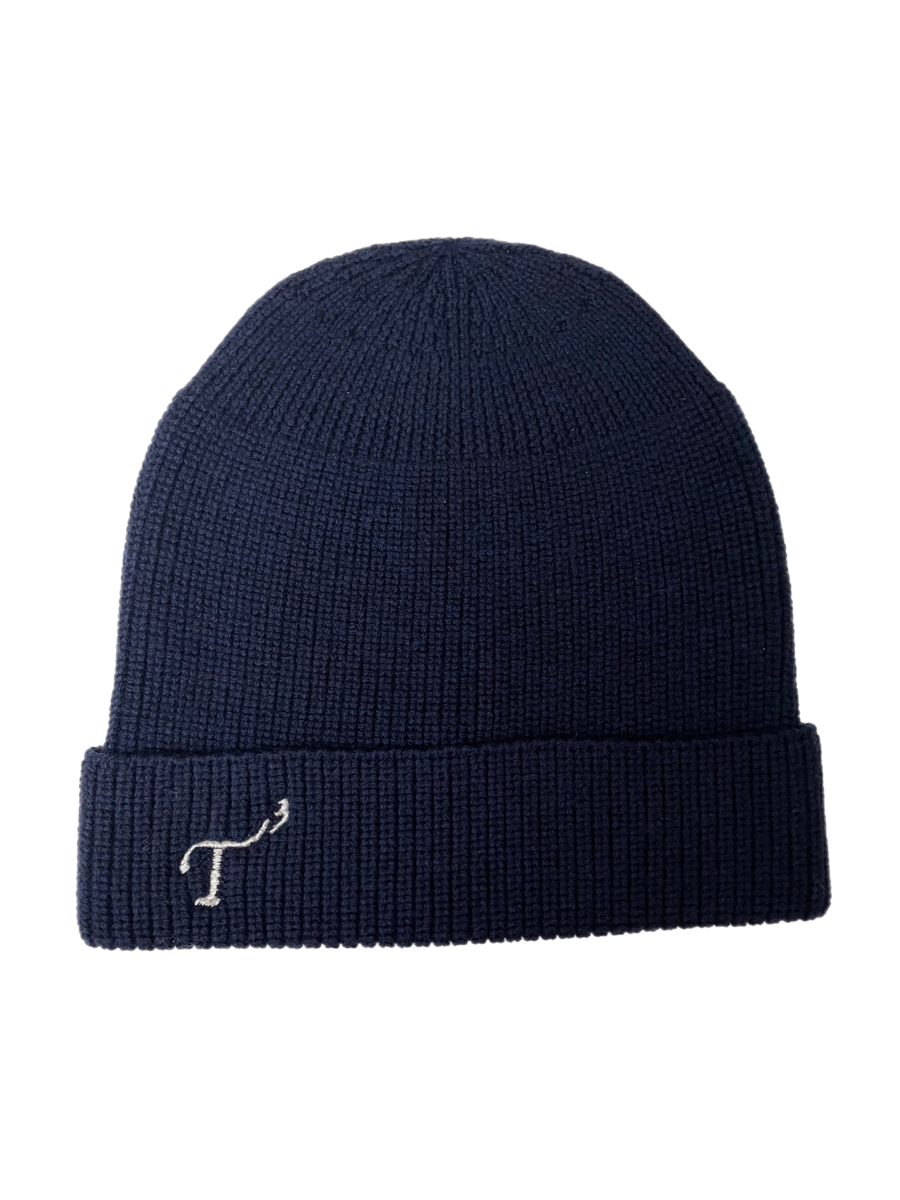 Men's Navy Merino Wool Knit Hat with White Embroidered T3 Logo