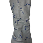 Gray leather driver head cover with navy embroidered T3 logos in a randomized pattern.