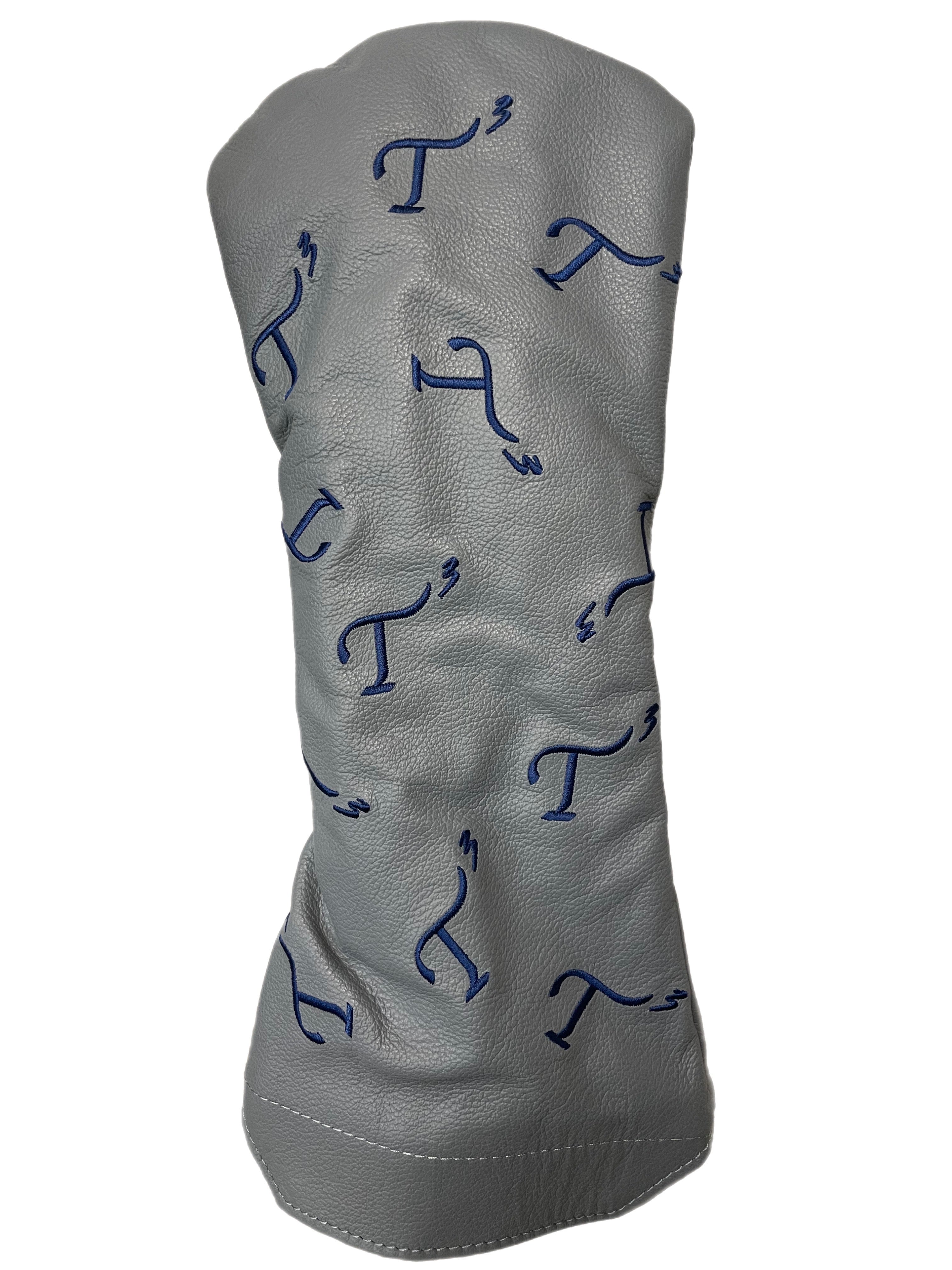 Gray leather driver head cover with navy embroidered T3 logos in a randomized pattern.
