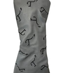 Gray leather driver head cover with black embroidered T3 logos in a randomized pattern.
