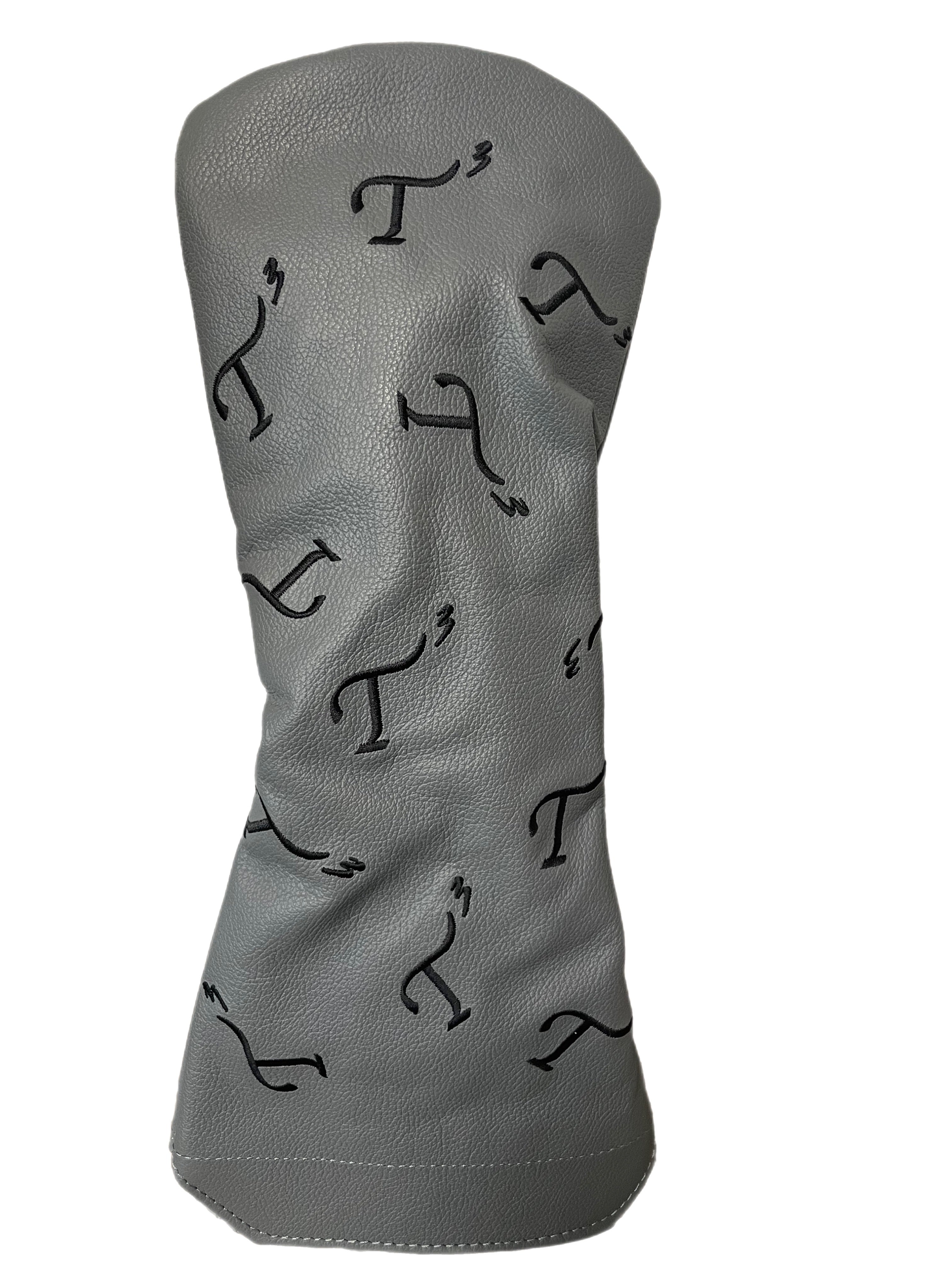 Gray leather driver head cover with black embroidered T3 logos in a randomized pattern.