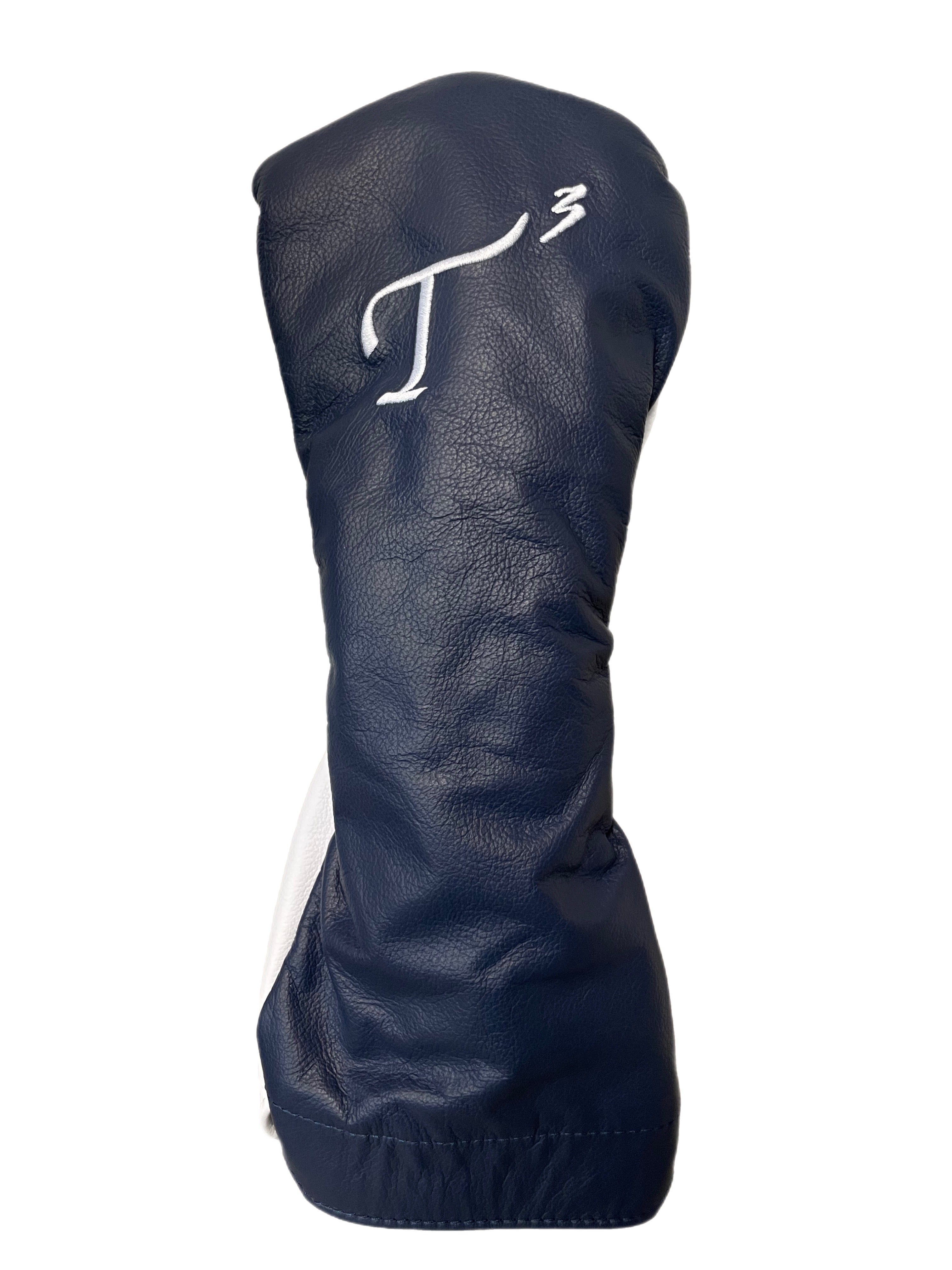 Navy leather large driver head cover with white embroidered T3 logo.