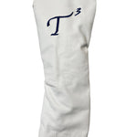 White leather large driver head cover with navy embroidered T3 logo.