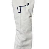 White leather large driver head cover with navy embroidered T3 logo.