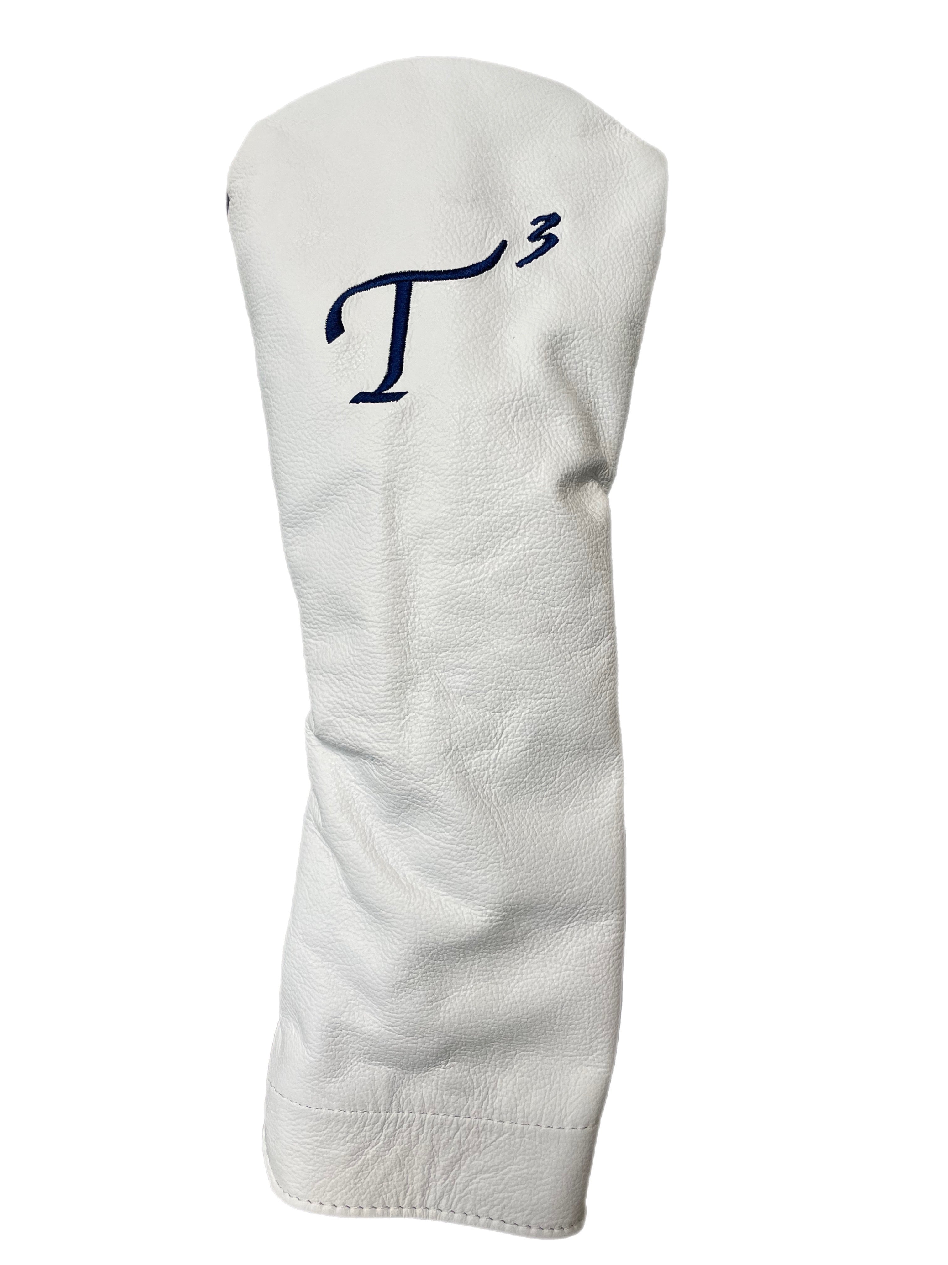 White leather large driver head cover with navy embroidered T3 logo.