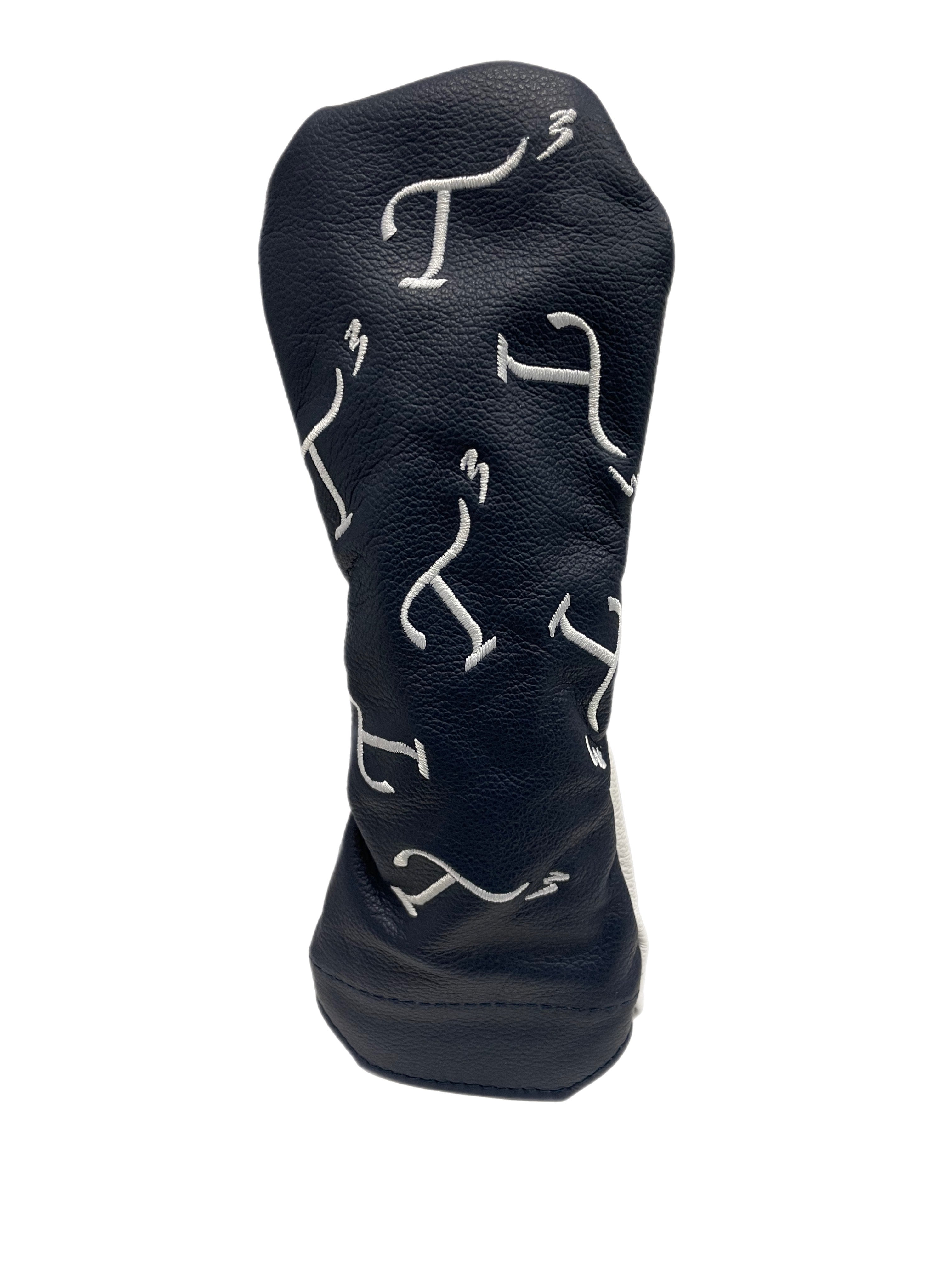 Navy leather hybrid head cover with white embroidered T3 logos in a randomized pattern.