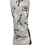 White leather hybrid head cover with navy embroidered T3 logos in a randomized pattern.