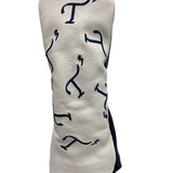 White leather hybrid head cover with navy embroidered T3 logos in a randomized pattern.
