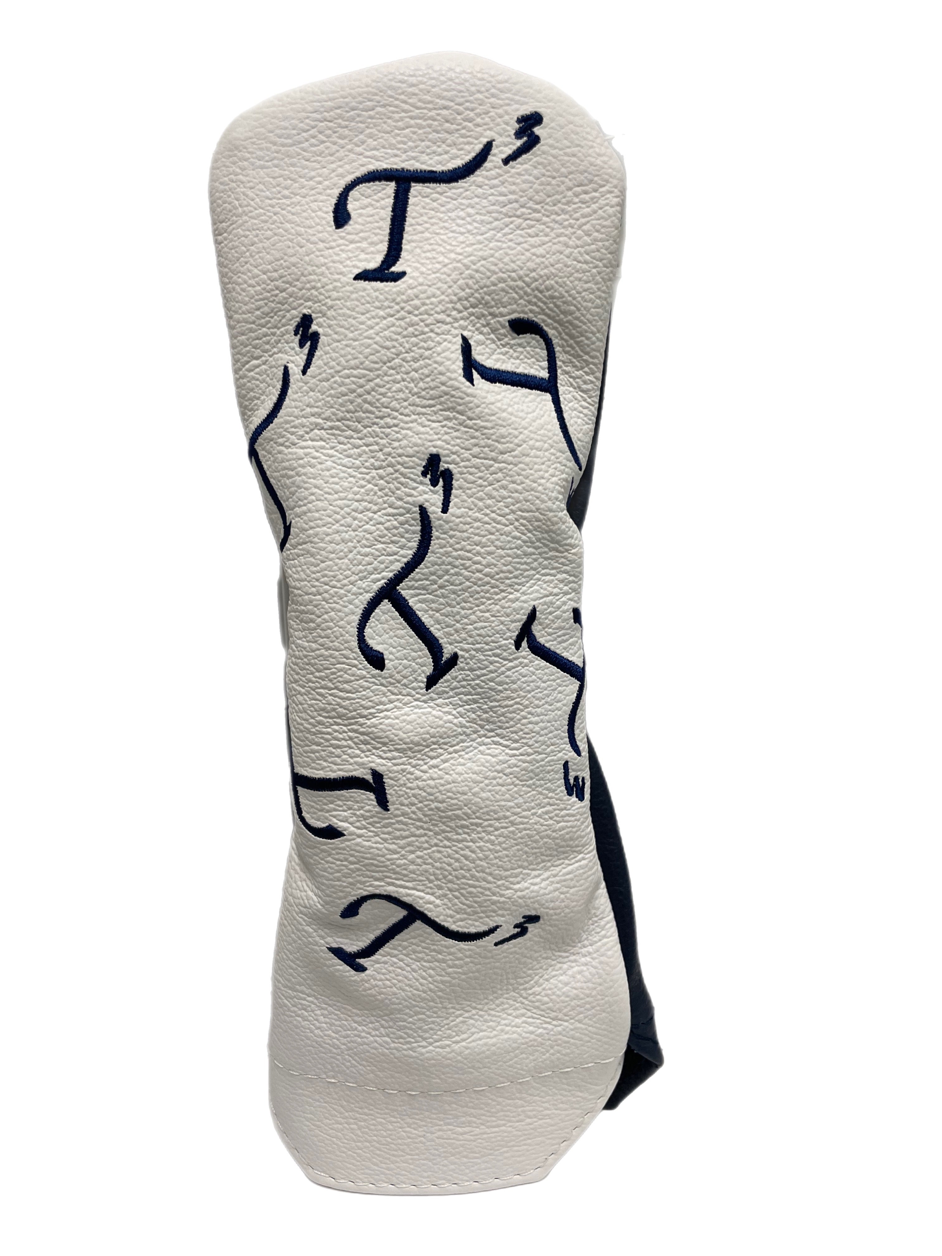 White leather hybrid head cover with navy embroidered T3 logos in a randomized pattern.