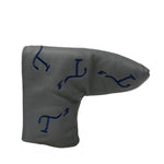 Gray leather blade putter head cover with navy embroidered T3 logo in a randomized pattern