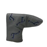 Gray leather blade putter head cover with navy embroidered T3 logo in a randomized pattern