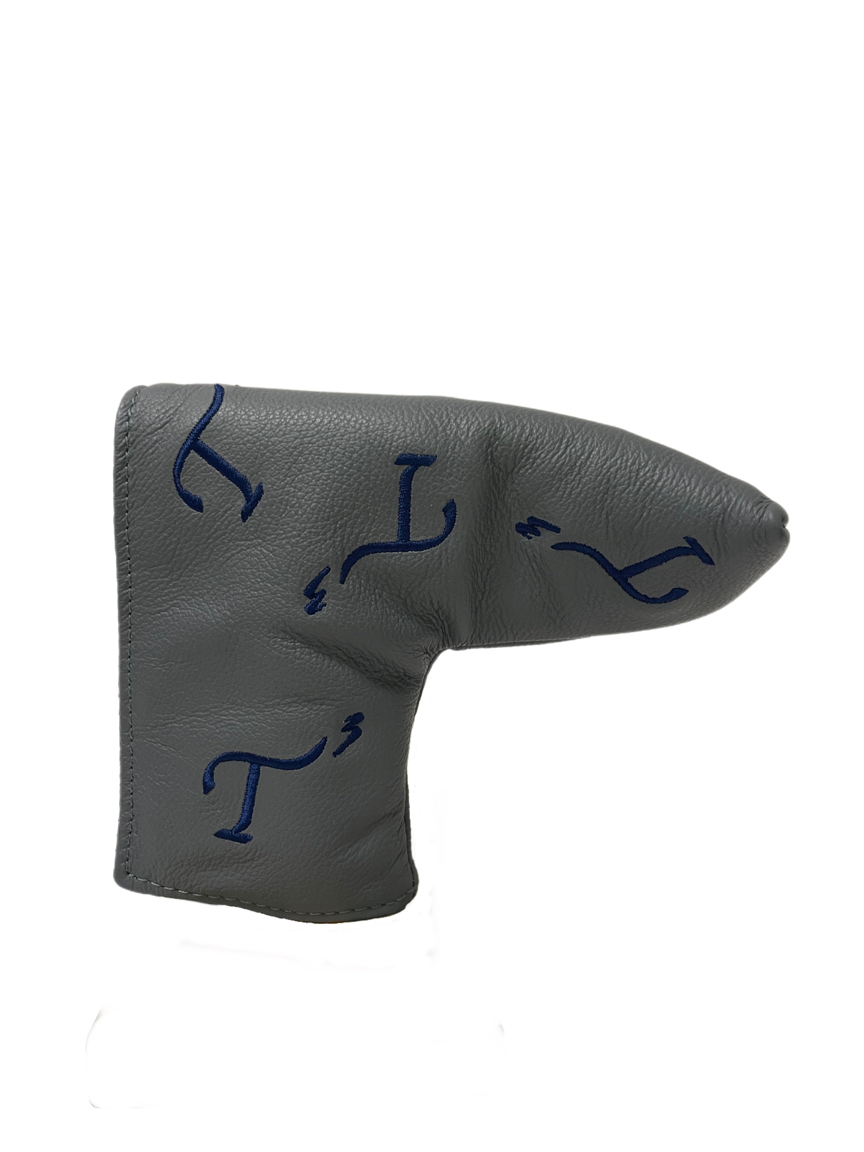 Gray leather blade putter head cover with navy embroidered T3 logo in a randomized pattern