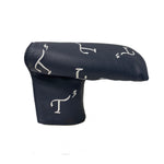 Navy leather blade putter head cover with white embroidered T3 logo in a randomized pattern