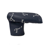Navy leather blade putter head cover with white embroidered T3 logo in a randomized pattern