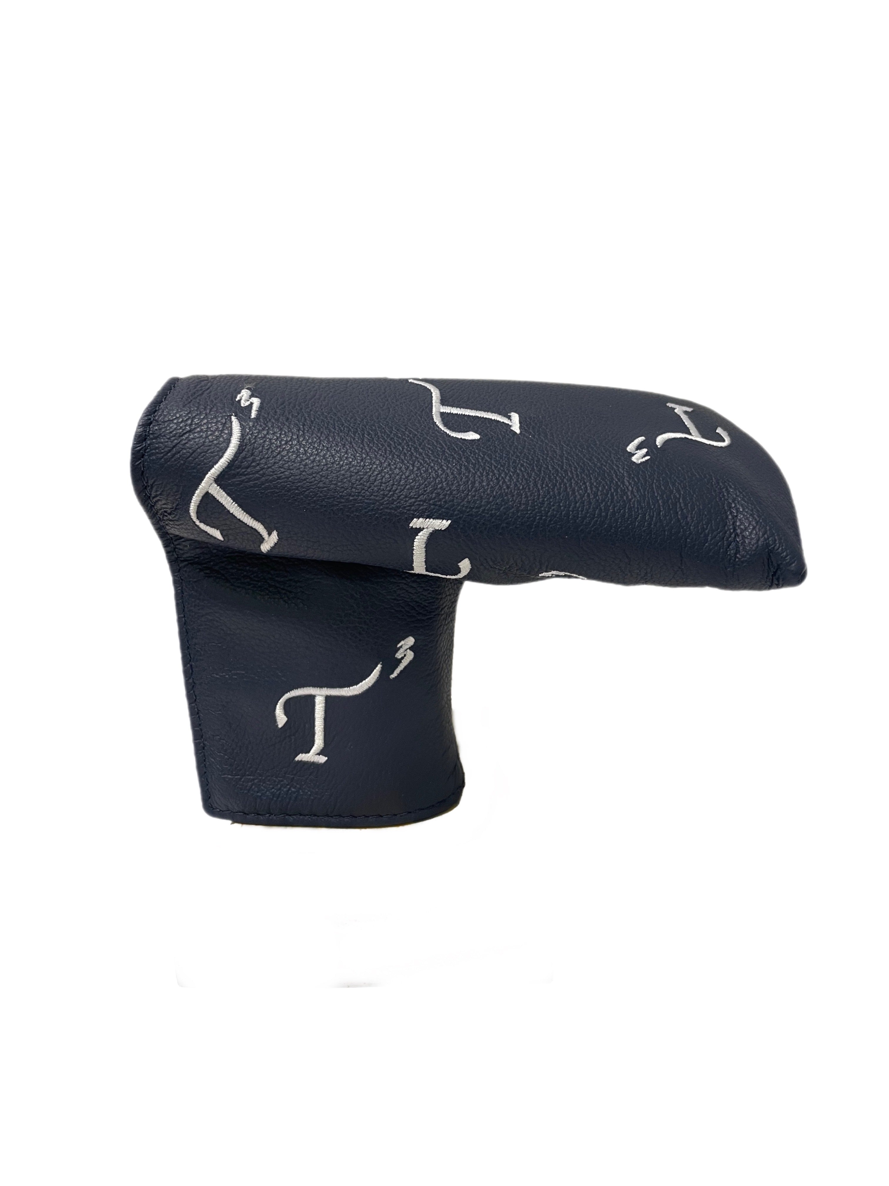 Navy leather blade putter head cover with white embroidered T3 logo in a randomized pattern