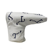 White leather blade putter head cover with navy embroidered T3 logo in a randomized pattern