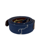 Navy Smathers & Branson belt with white embroidered T3 logo, leather tip, and brass buckle.