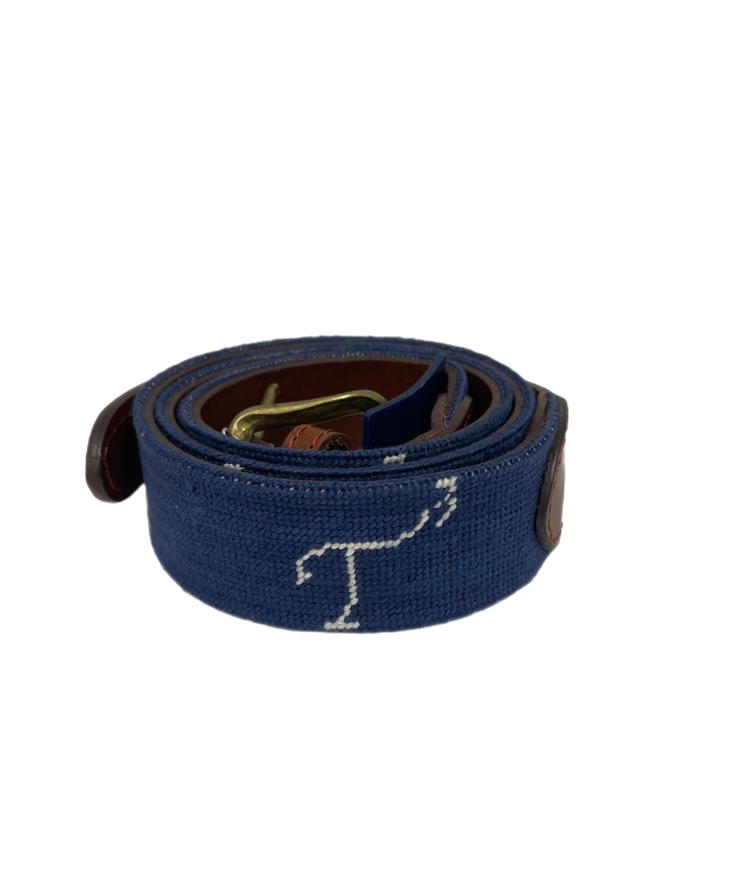 Navy Smathers & Branson belt with white embroidered T3 logo, leather tip, and brass buckle.