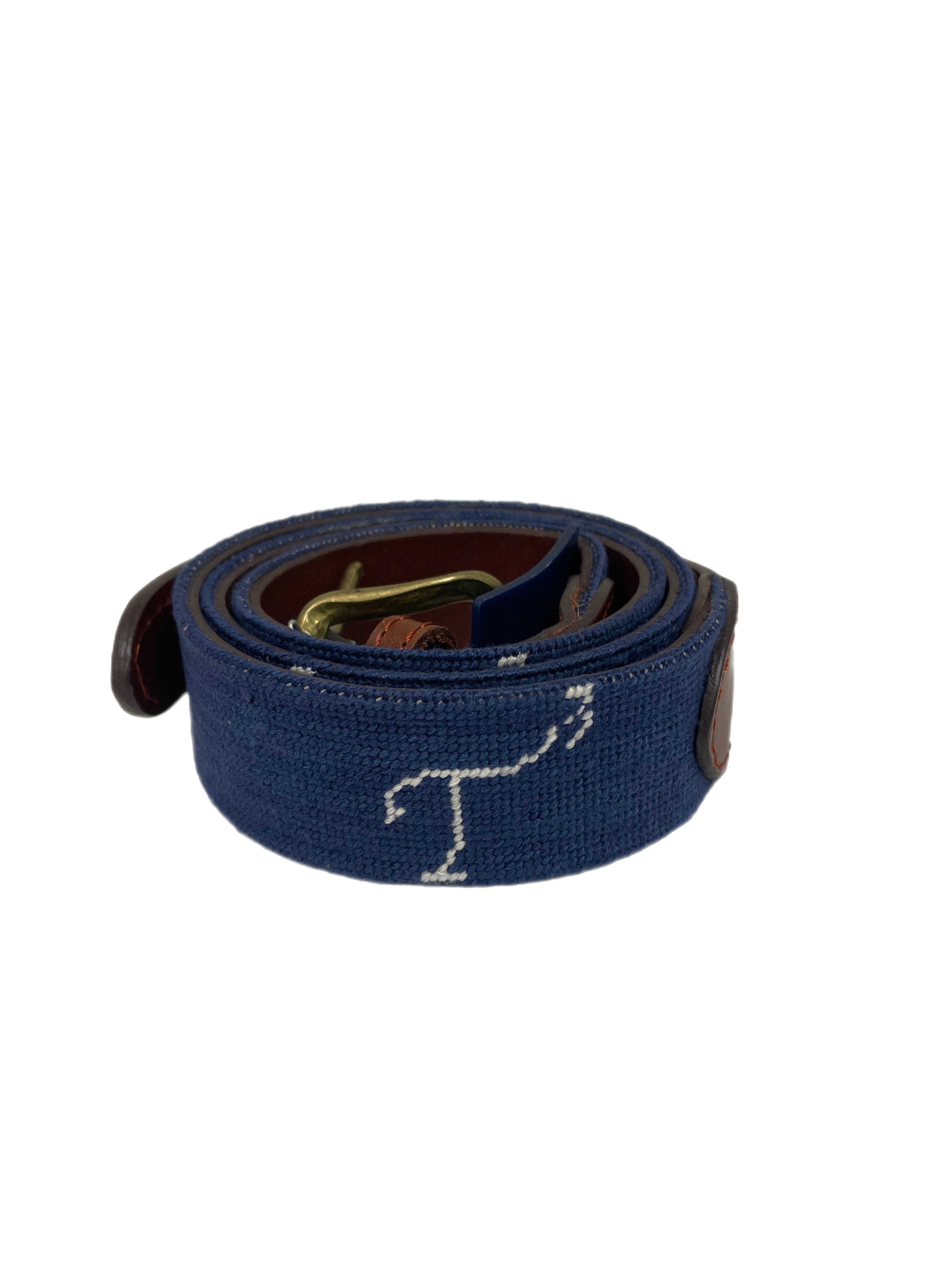 Navy Smathers & Branson belt with white embroidered T3 logo, leather tip, and brass buckle.