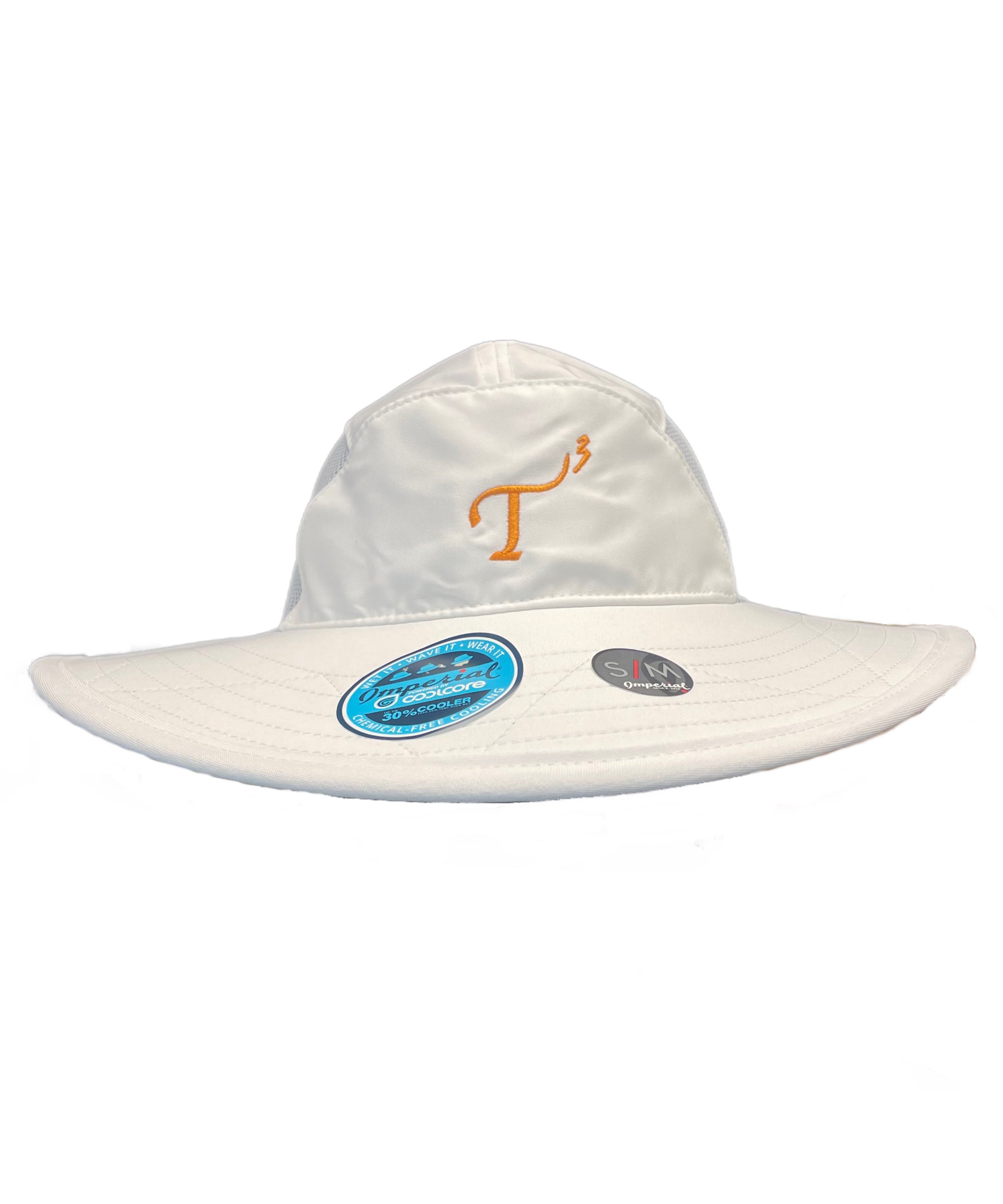 White Coolcore Bucket Hat with orange embroidered T3 logo