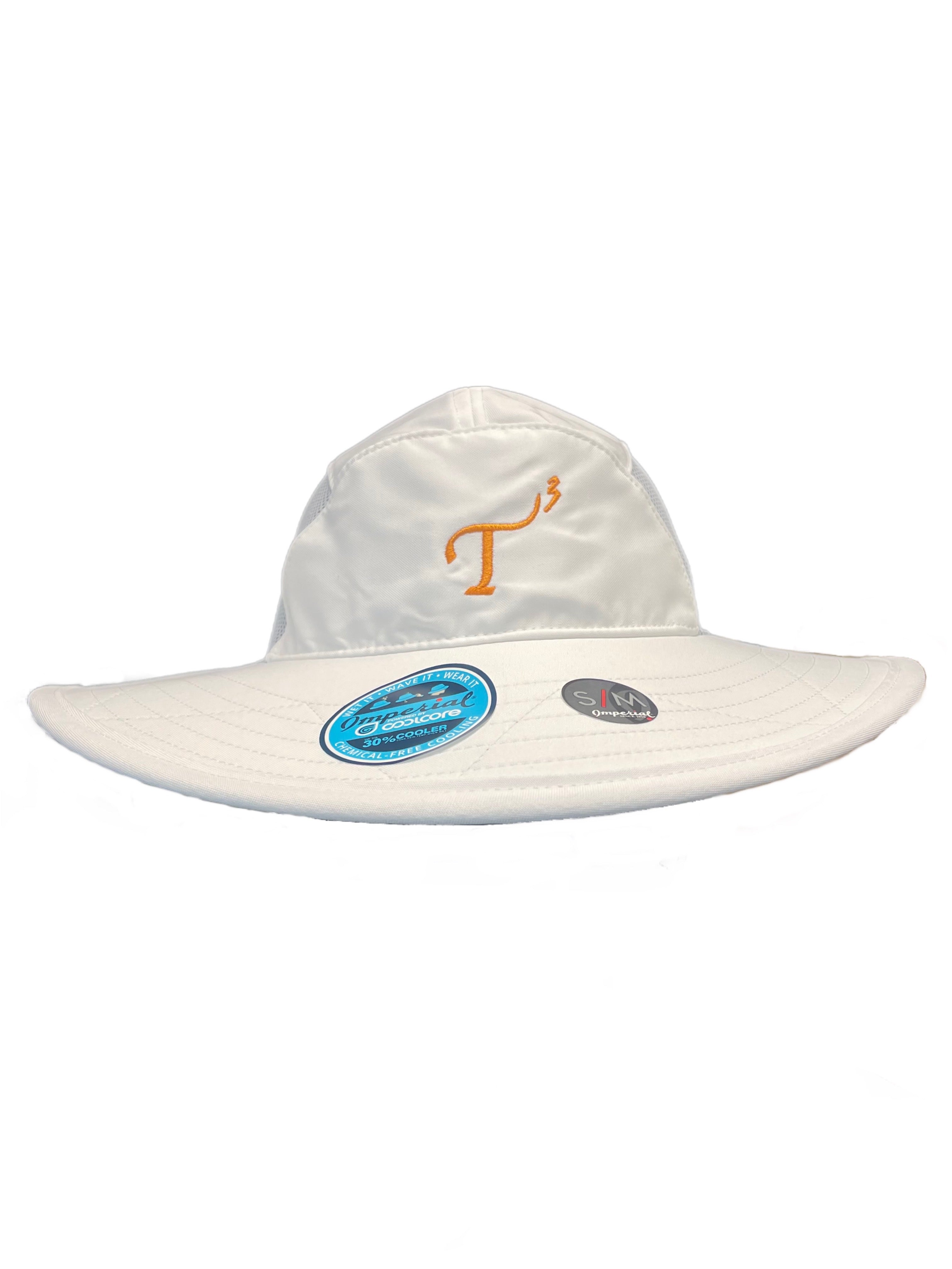 White Coolcore Bucket Hat with orange embroidered T3 logo