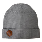 Men's Gray Merino Wool Knit Hat, with Brown Leather, Hexagon Patch and Debossed T3 logo.
