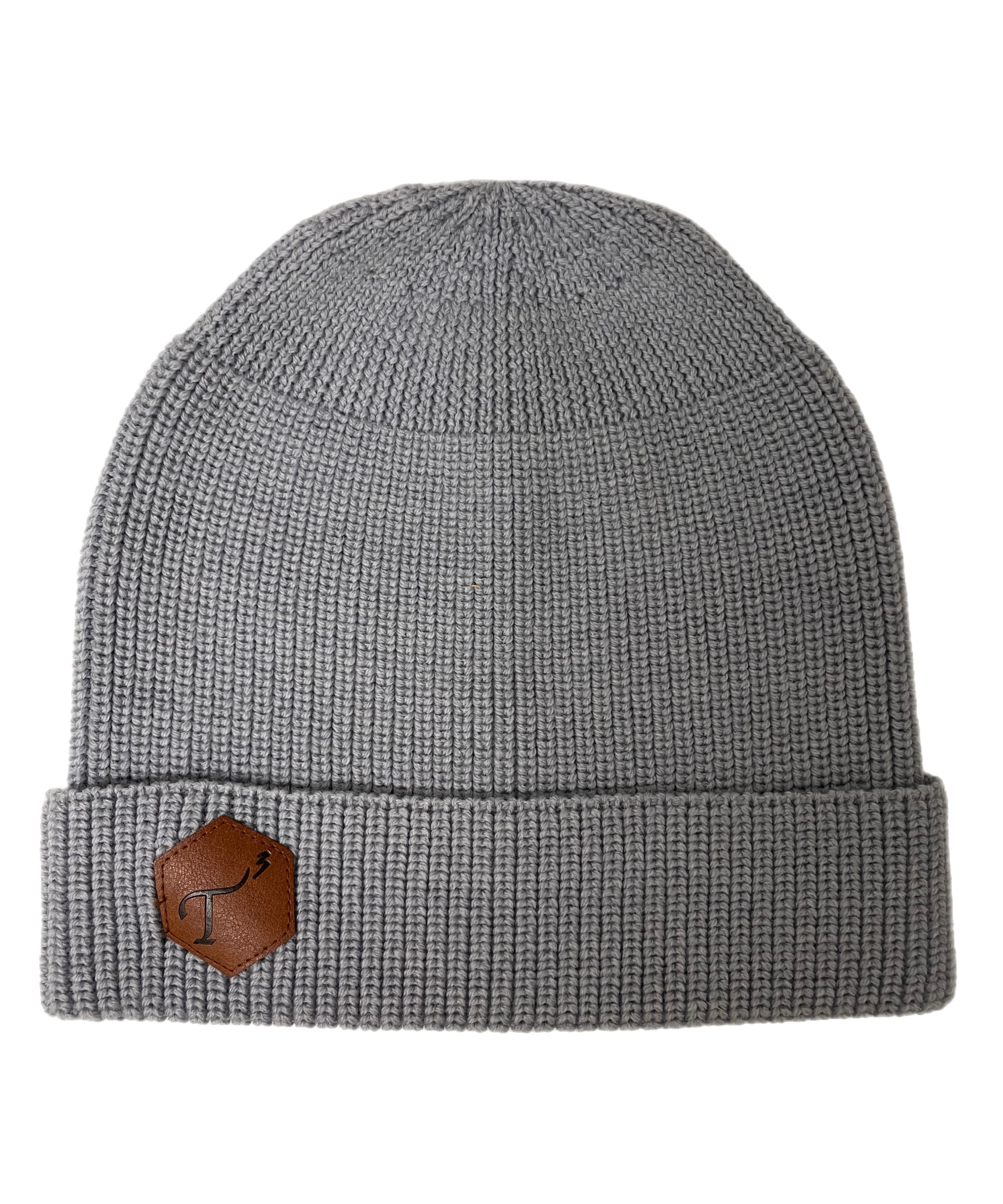 Men's Gray Merino Wool Knit Hat, with Brown Leather, Hexagon Patch and Debossed T3 logo.