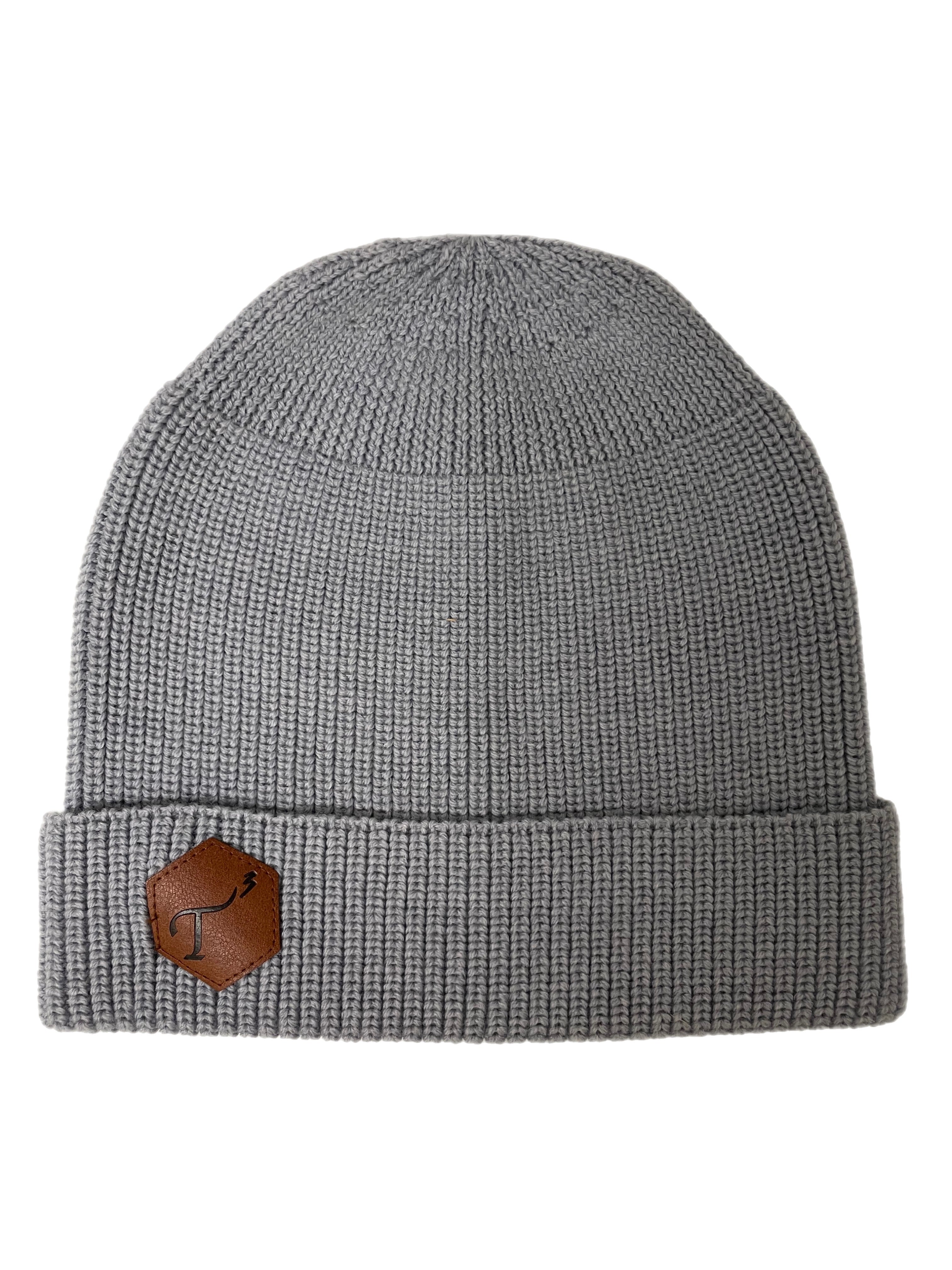 Men's Gray Merino Wool Knit Hat, with Brown Leather, Hexagon Patch and Debossed T3 logo.