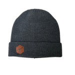 Men's Charcoal Merino Wool Knit Hat, with Brown Leather, Hexagon Patch and Debossed T3 logo.