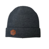 Men's Charcoal Merino Wool Knit Hat, with Brown Leather, Hexagon Patch and Debossed T3 logo.