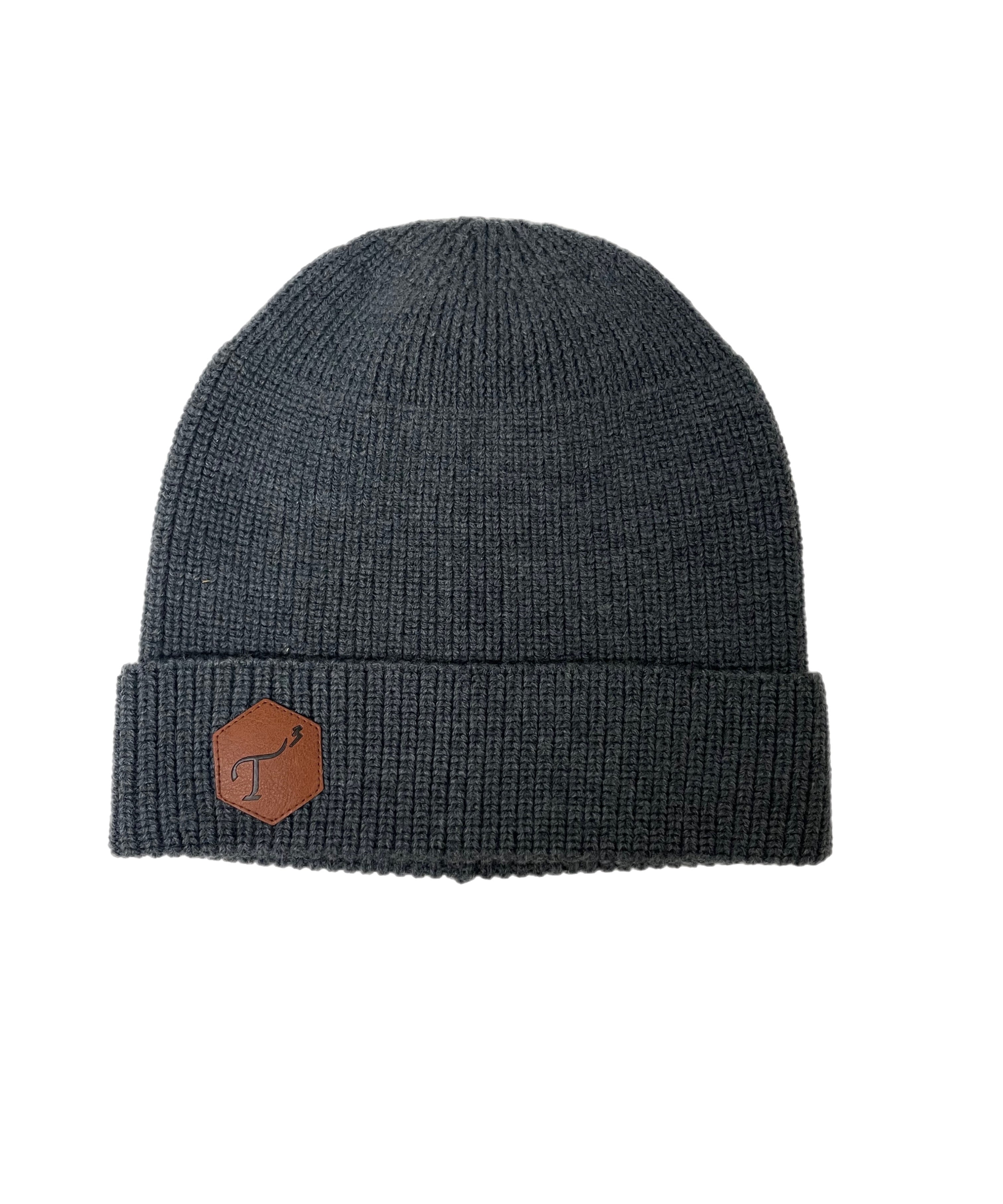 Men's Charcoal Merino Wool Knit Hat, with Brown Leather, Hexagon Patch and Debossed T3 logo.
