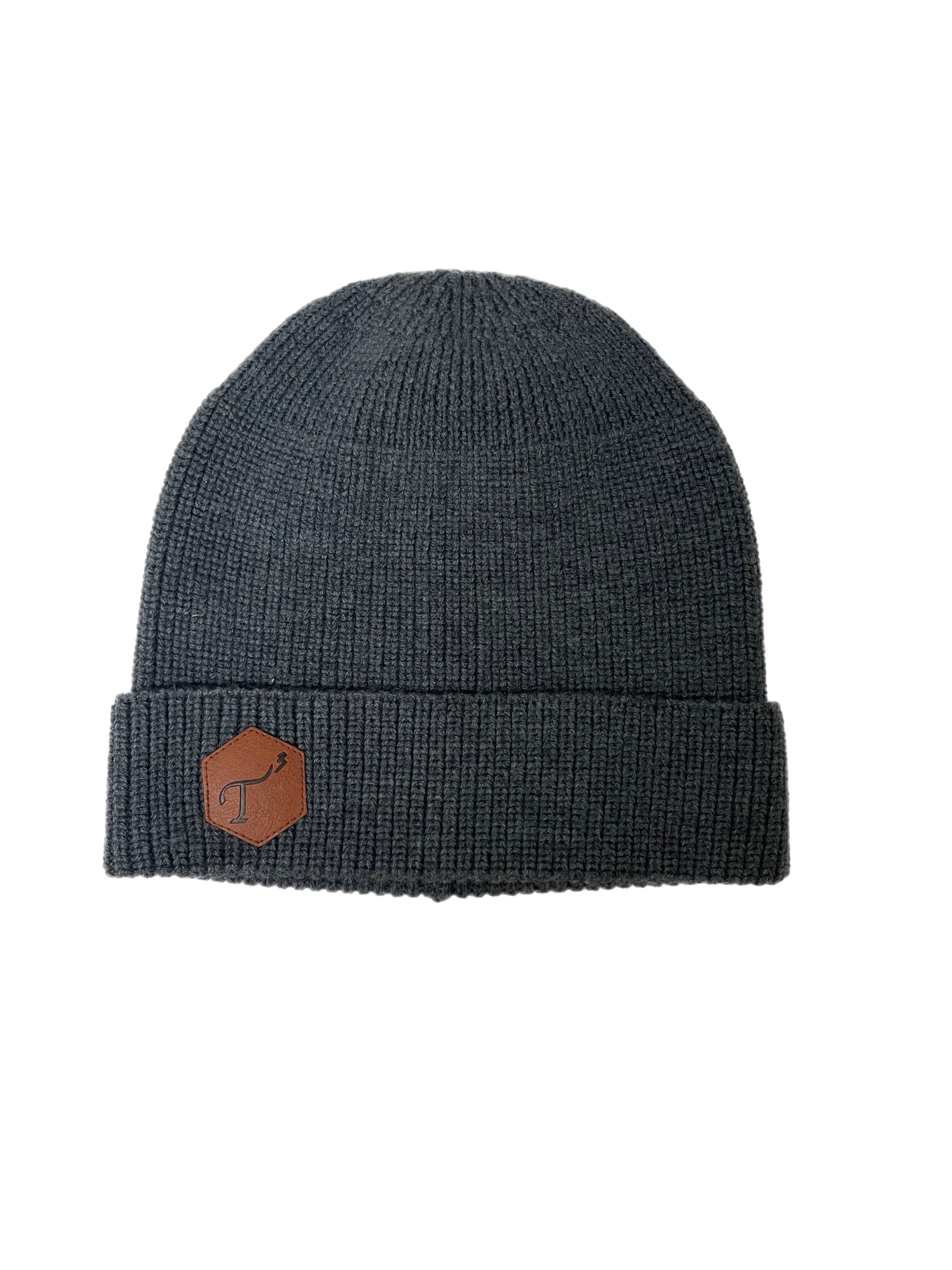 Men's Charcoal Merino Wool Knit Hat, with Brown Leather, Hexagon Patch and Debossed T3 logo.