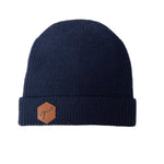Men's Navy Merino Wool Knit Hat, with Brown Leather, Hexagon Patch and Debossed T3 logo.