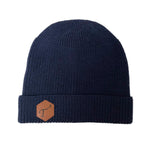 Men's Navy Merino Wool Knit Hat, with Brown Leather, Hexagon Patch and Debossed T3 logo.