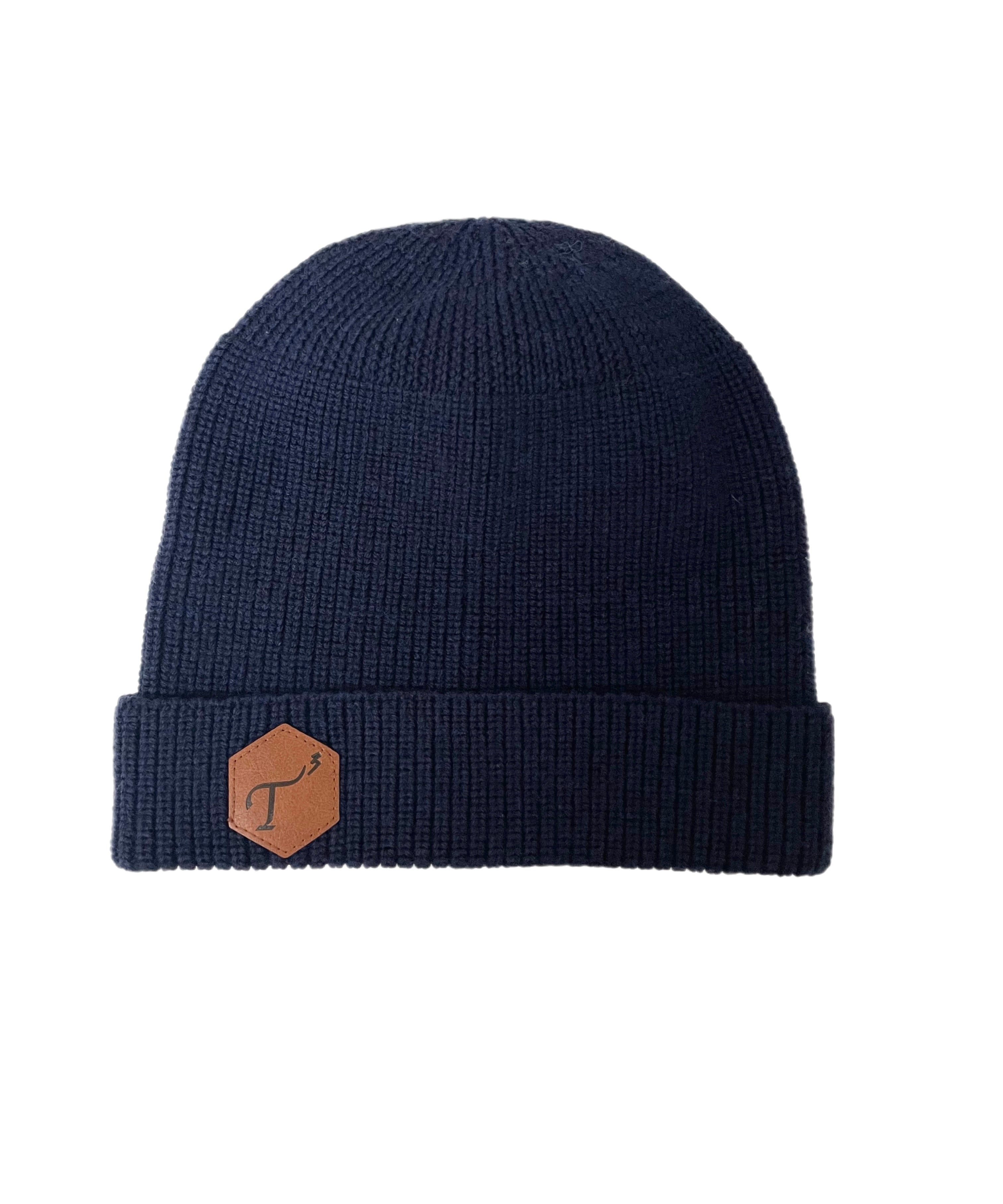 Men's Navy Merino Wool Knit Hat, with Brown Leather, Hexagon Patch and Debossed T3 logo.