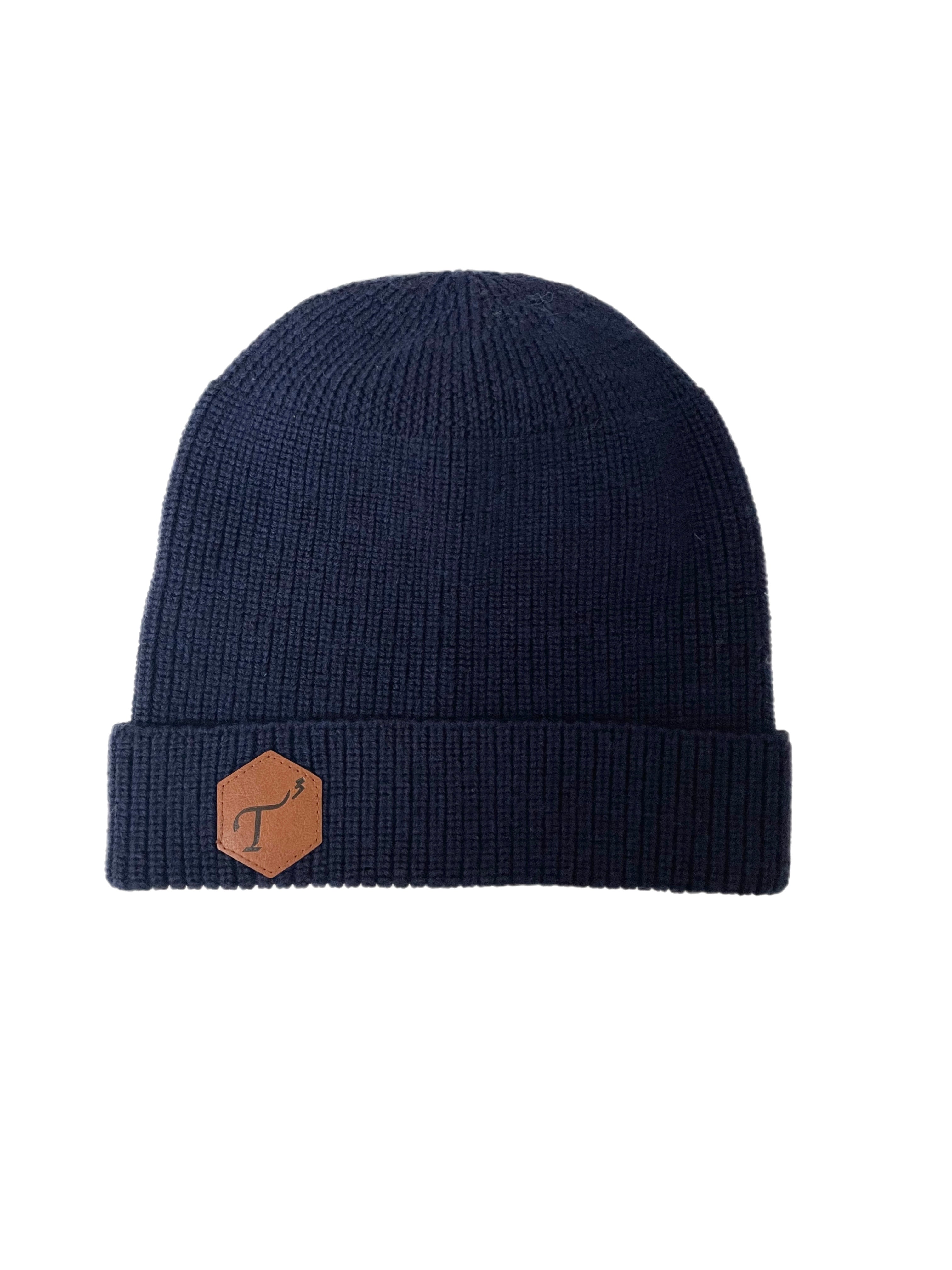 Men's Navy Merino Wool Knit Hat, with Brown Leather, Hexagon Patch and Debossed T3 logo.